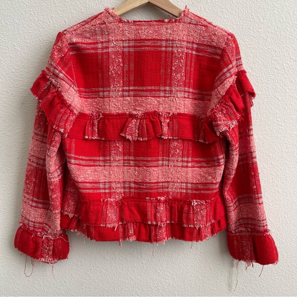 ZARA Red Pink Blogger Favorite Plaid Tweed Fringe Ruffle Cropped Blazer Jacket - Picture 10 of 13
